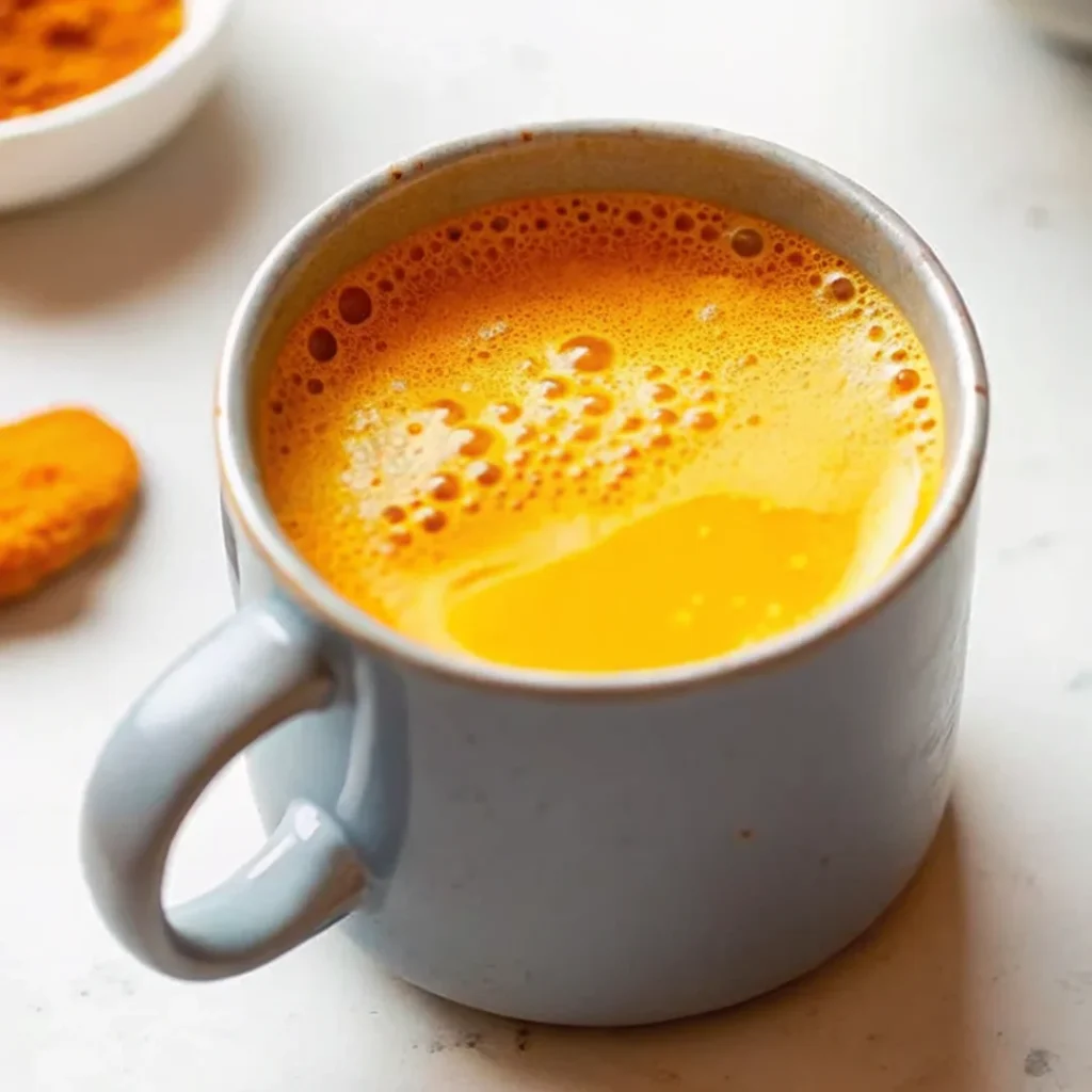 A cup of golden milk with a frothy, bright yellow texture, surrounded by turmeric roots and powder